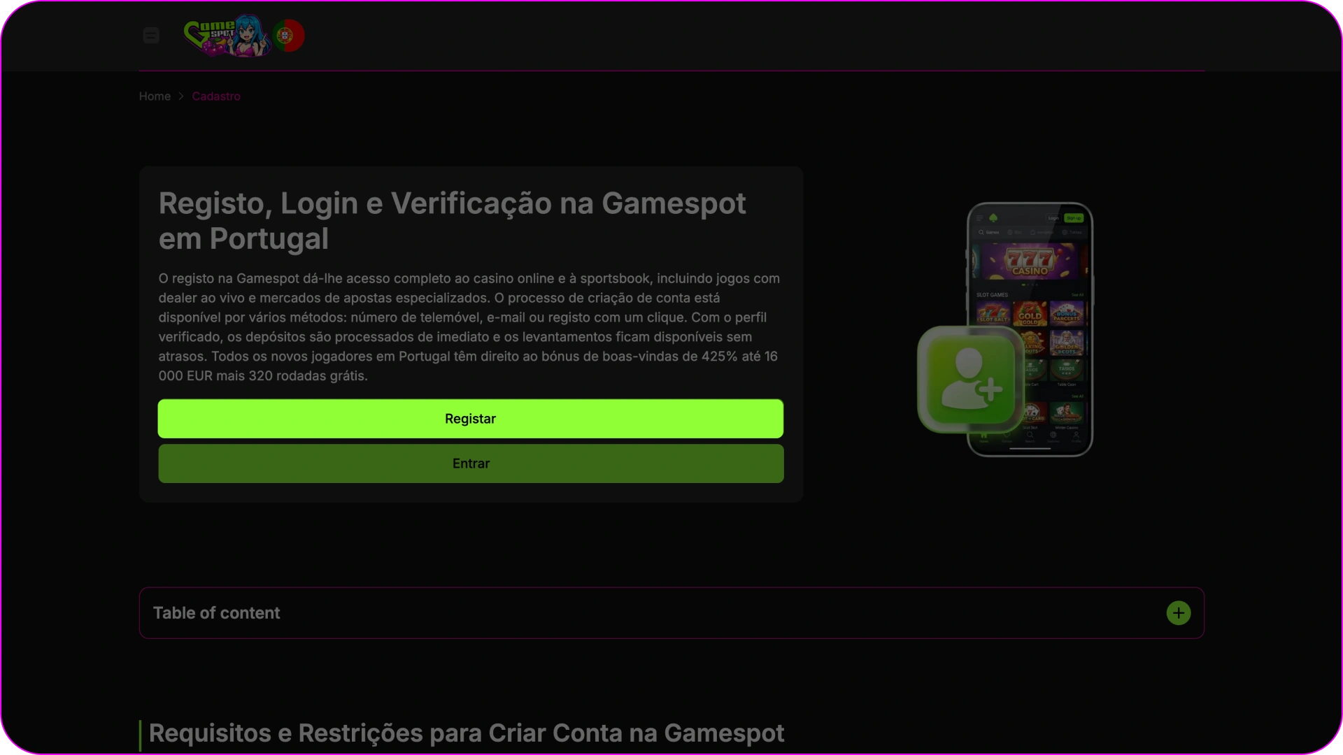 Clique no botão de registo disponível na página do Gamespot.