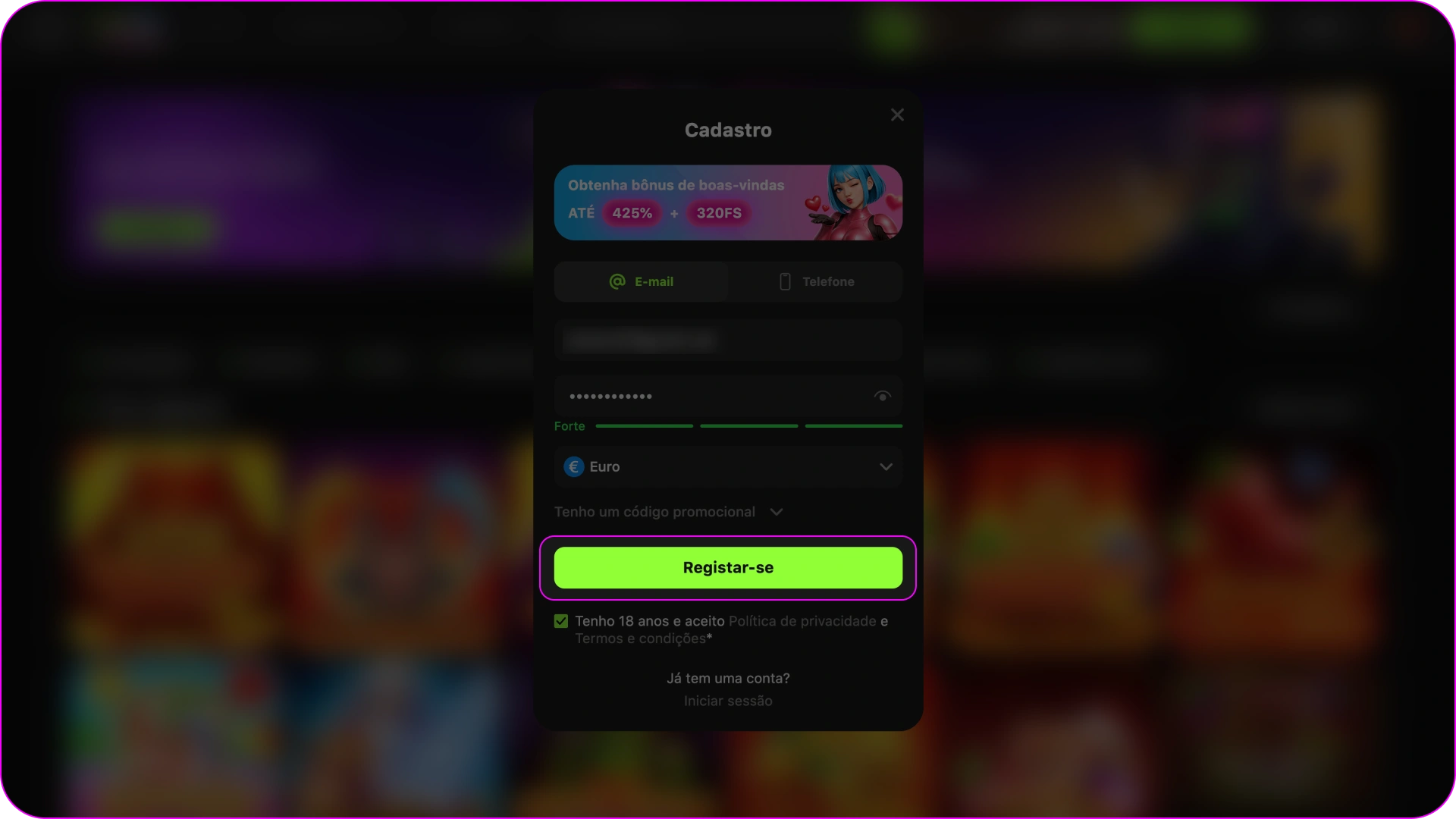 Toque no botão para confirmar o processo de registo no Gamespot.
