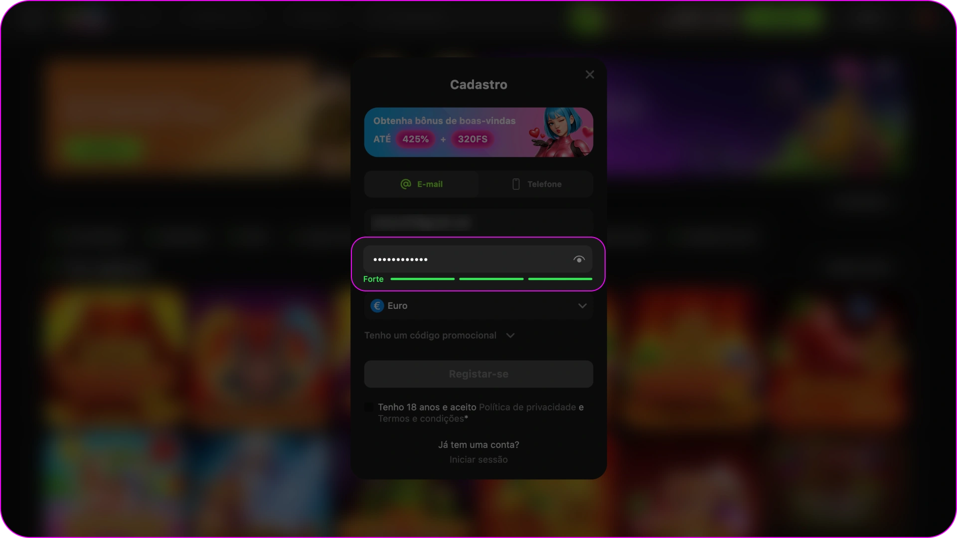 Crie uma palavra-passe forte na plataforma Gamespot.