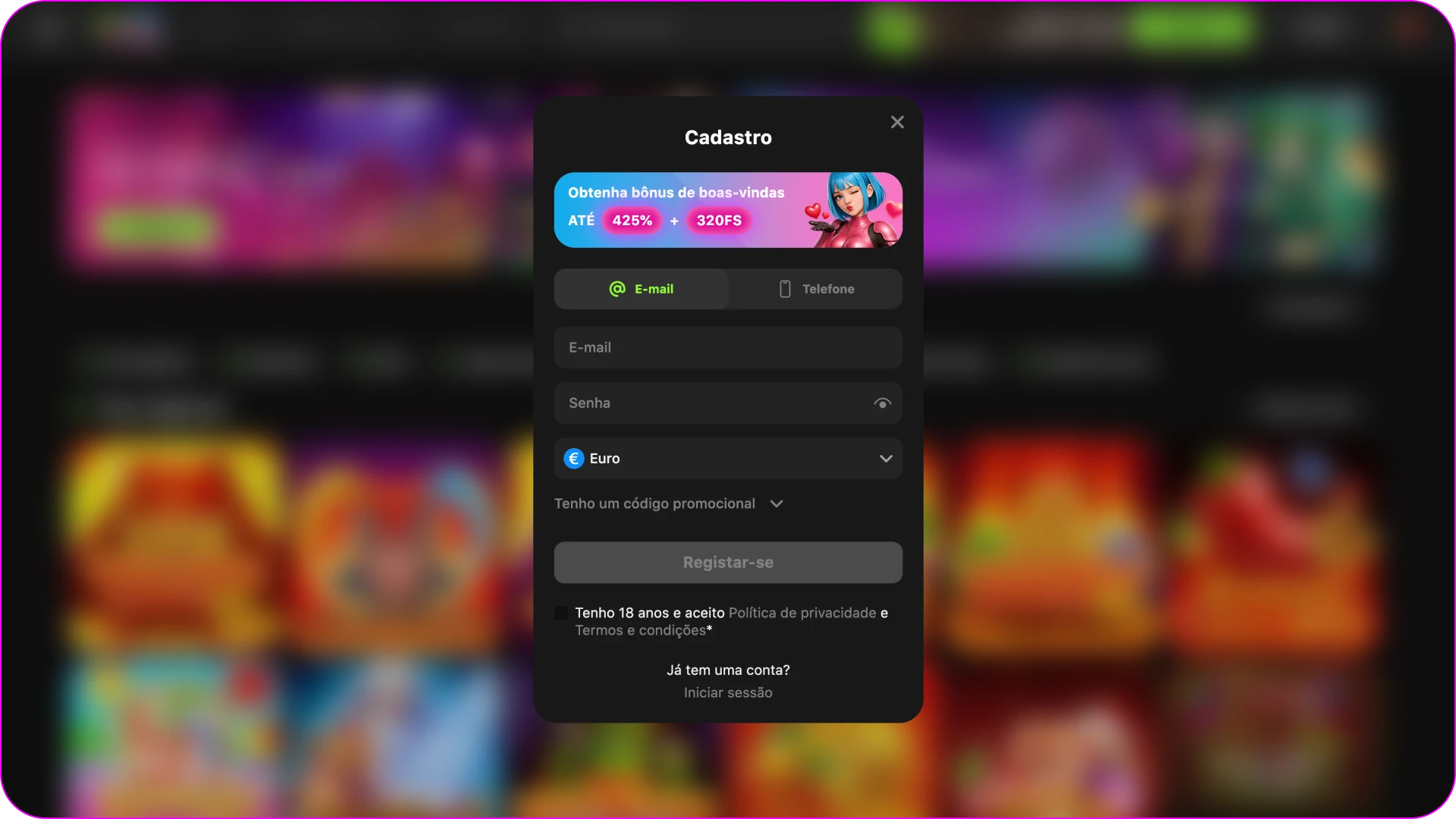 Selecione o método de registo da sua preferência na plataforma Gamespot.