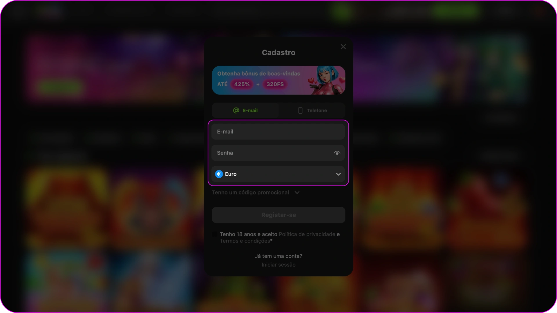 Forneça os seus dados pessoais no formulário de registo do Gamespot.