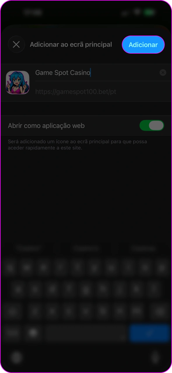 Confirme o nome da Gamespot e conclua a instalação do PWA.