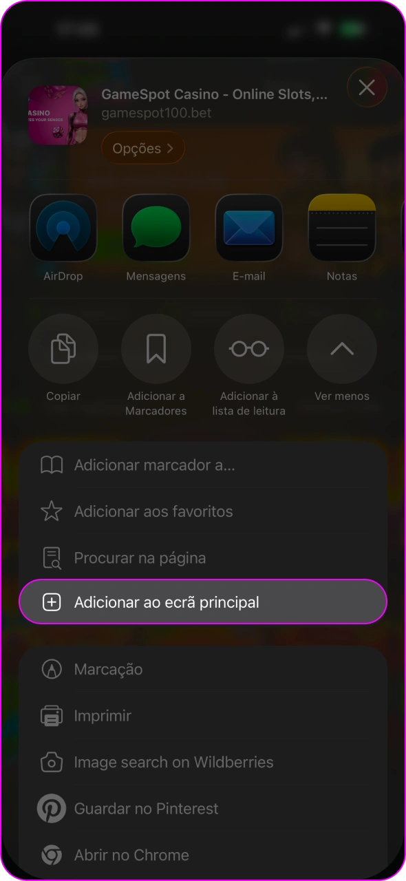 Selecione a opção Adicionar ao ecrã inicial para instalar a aplicação Gamespot.