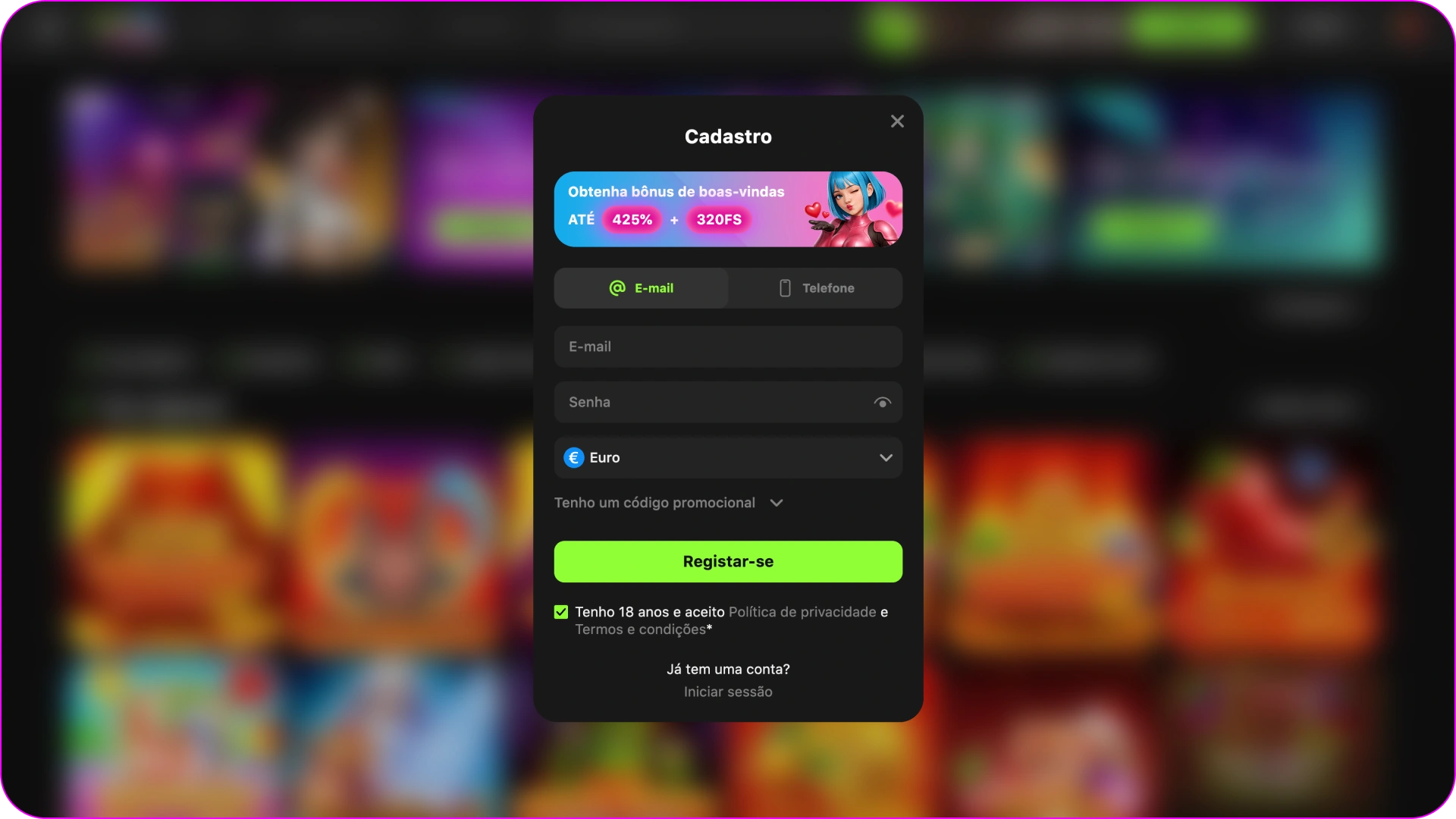 Inicie o processo de registo na plataforma Gamespot.